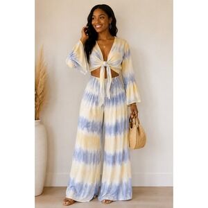 NWT White Waves Tie-Dye Tie Front Crop Top & Palazzo Pants Blue/Yellow SZ L/XL